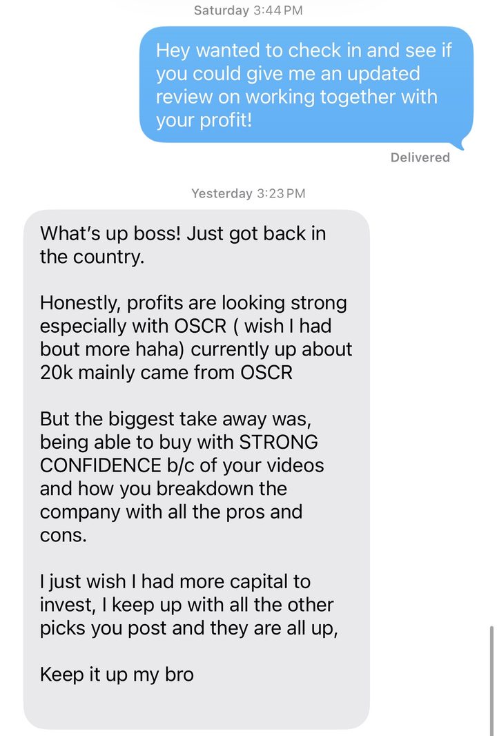 Text message from Rami sharing his results